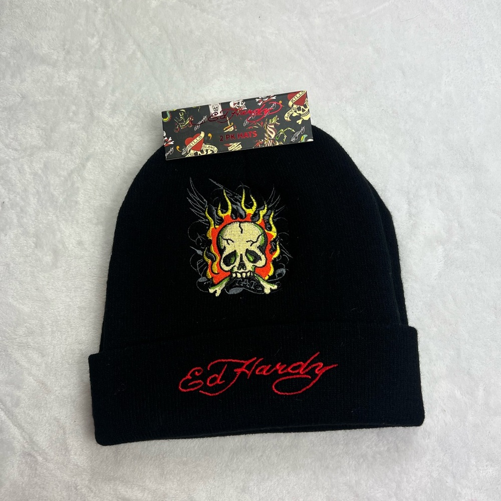 Ed Hardy Black Beanie with Skull and Flame Design .Set of two  
005